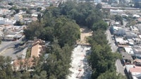 an aerial view of a city with a lot of trees