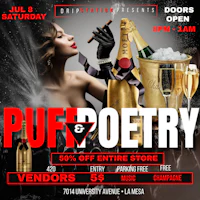 a flyer for puff poetry with a woman holding a bottle of champagne
