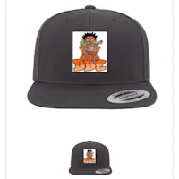 a black snapback hat with a cartoon character on it