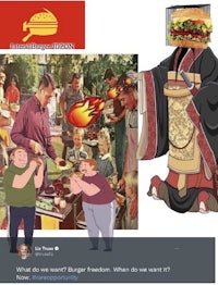a picture of a man with a burger and a fire