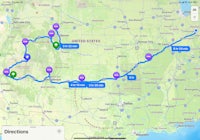 a map showing the route of a road trip