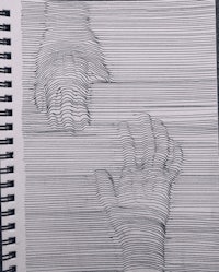 a drawing of two hands in a spiral notebook