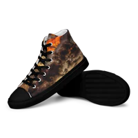 a pair of high top shoes with an image of clouds and fire