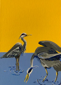 a painting of two great blue herons in the water
