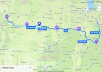 a map showing the route of a road trip