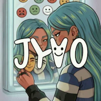 a girl with blue hair in front of a mirror with the word jyo