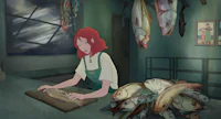 a woman is preparing fish in a kitchen