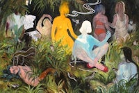 a painting of a group of people in the jungle