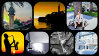 a collage of pictures with a man playing a saxophone
