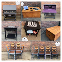 a collage of pictures of various desks and chairs