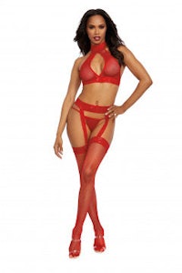 a woman in red lingerie and stockings