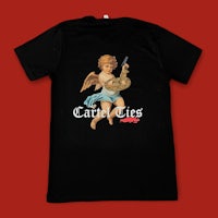 a black t - shirt with an image of a cherub holding a guitar