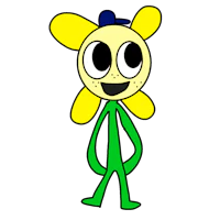 a cartoon character with a yellow flower on his head