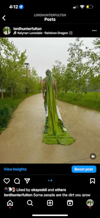 a man in a green cloak is walking down a path