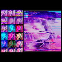 a photo of a woman with a pink and purple background