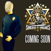 a mannequin wearing a tuxedo with the words sheek & sneaks coming soon