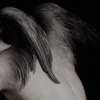 a black and white painting of an angel with wings