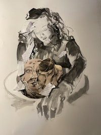 a drawing of a woman with her head in a bowl