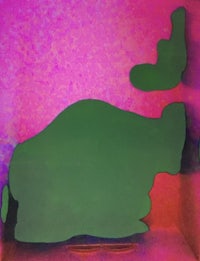 a painting with a green and pink background