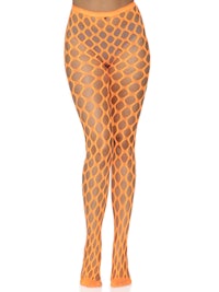 a woman wearing orange fishnet stockings
