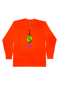 an orange long - sleeve shirt with an image of a man holding a knife