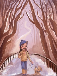 a girl with a teddy bear walking through the snow