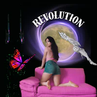 a girl sitting on a pink couch with an owl in the background