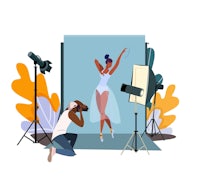 a woman in a white dress is taking pictures in a studio