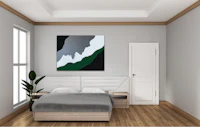 a modern bedroom with a large painting on the wall