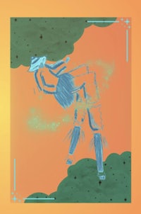 an illustration of a man in a hat flying in the air