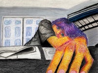 a drawing of a hand with purple hair