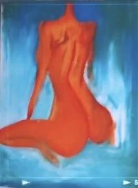 a painting of a nude woman sitting on a blue background