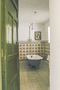 a bathroom with a bathtub and a green door