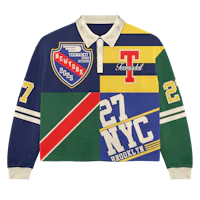 a long sleeved shirt with different colors and logos on it