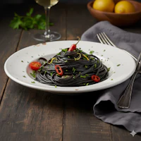 a plate of black spaghetti on a wooden table