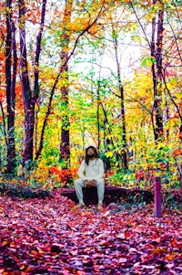 a man sitting on a bench in the woods