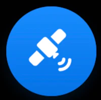 a blue button with an icon of a satellite