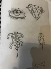 a sketch of a flower, a diamond, and an eye