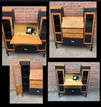 four pictures of a desk with drawers and a telephone