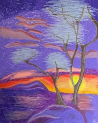 a painting of a sunset with trees in the background