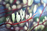 a painting of green leaves on a branch