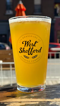 a pint of beer sitting on a table in front of a city