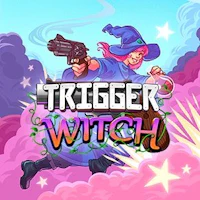 the title of trigger witch with an image of a woman holding a gun