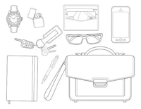 a set of items including a briefcase, a watch, and a briefcase