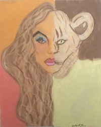 a painting of a woman and a lion