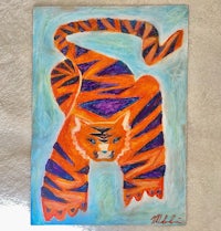 a painting of an orange and purple tiger