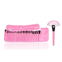 a pink makeup brush set with a fan