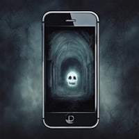 an iphone with a skull in the background
