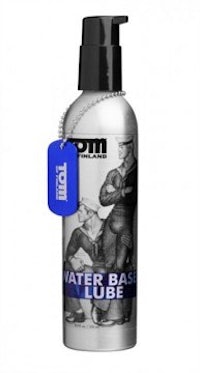 a bottle of water base lube with a blue tag