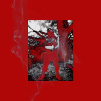 an image of a woman standing in front of a red background